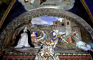 San Álvaro construye el monasterio ayudado por &aacute;ngeles; Pintura mural de los arcos formeros