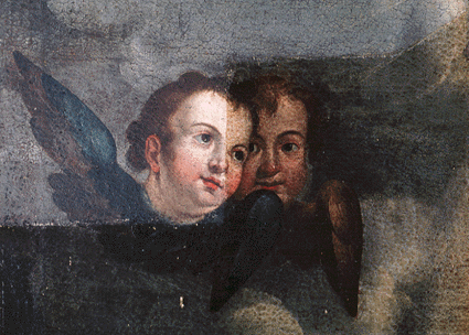Detalle con corte de limpieza de Inmaculada con el retrato de Vázquez de Leca. Autor: Francisco Pacheco